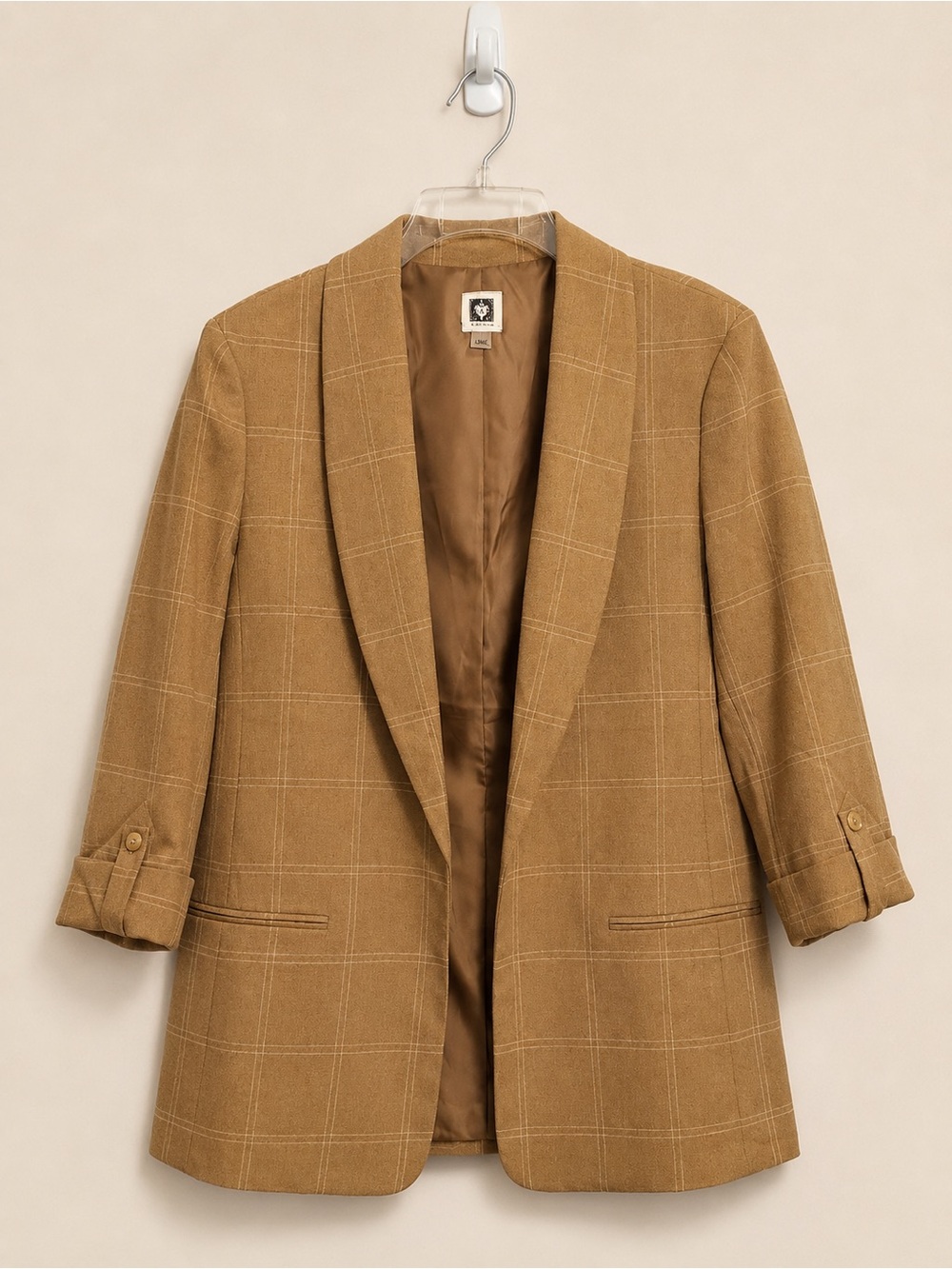 Anne Klein Tan Brown Windowpane Plaid Shawl Collar Blazer - Large